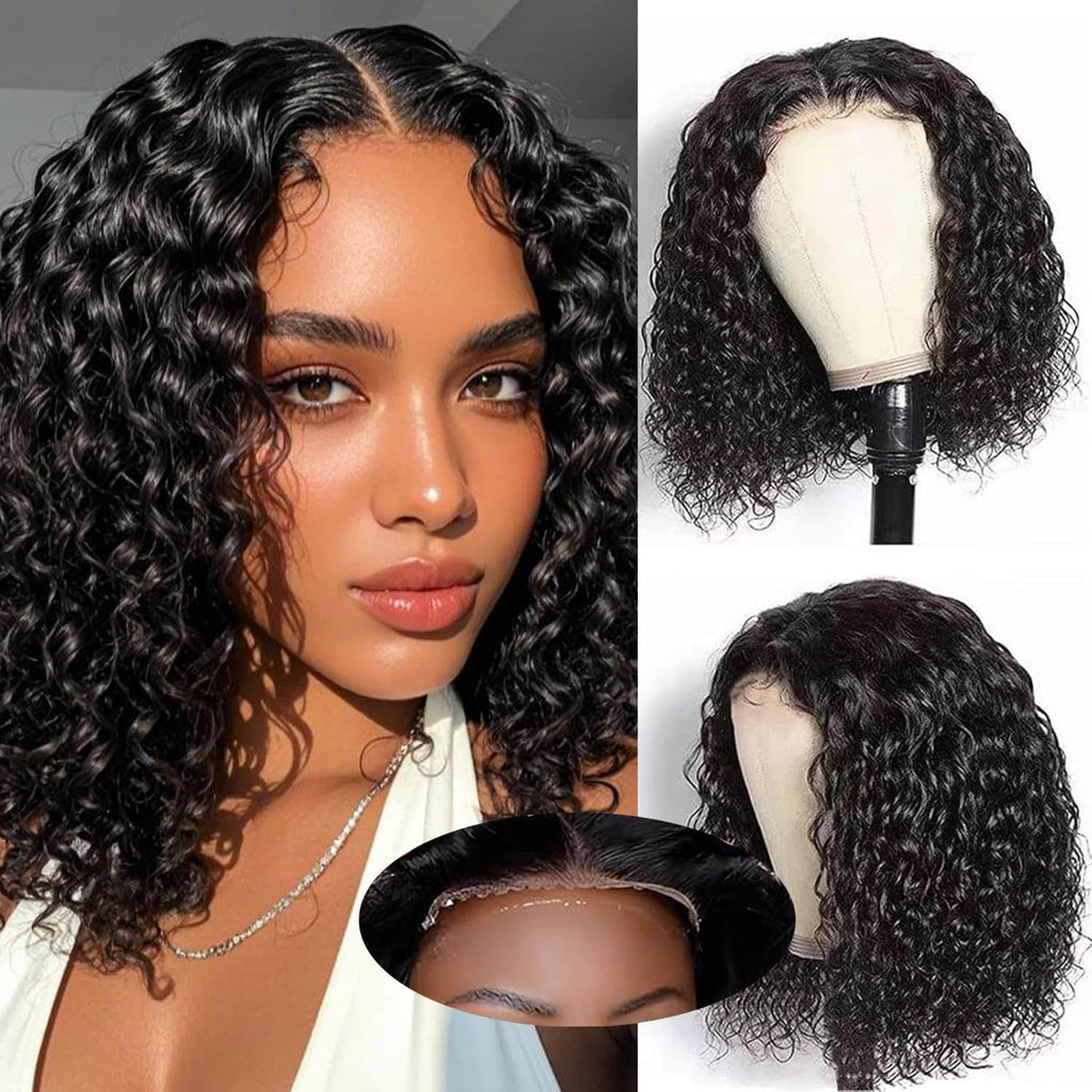 StariaHair 5"x5" Curly Bob Wig Transparent Lace Closure Wig #1B