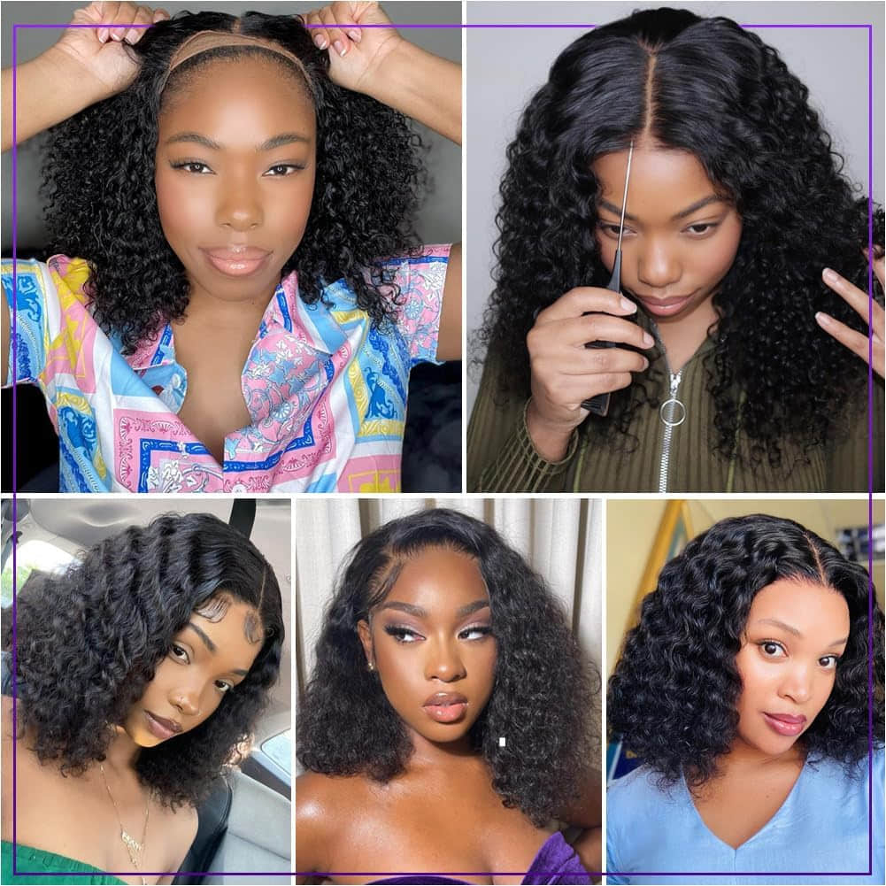 StariaHair 5"x5" Curly Bob Wig Transparent Lace Closure Wig #1B