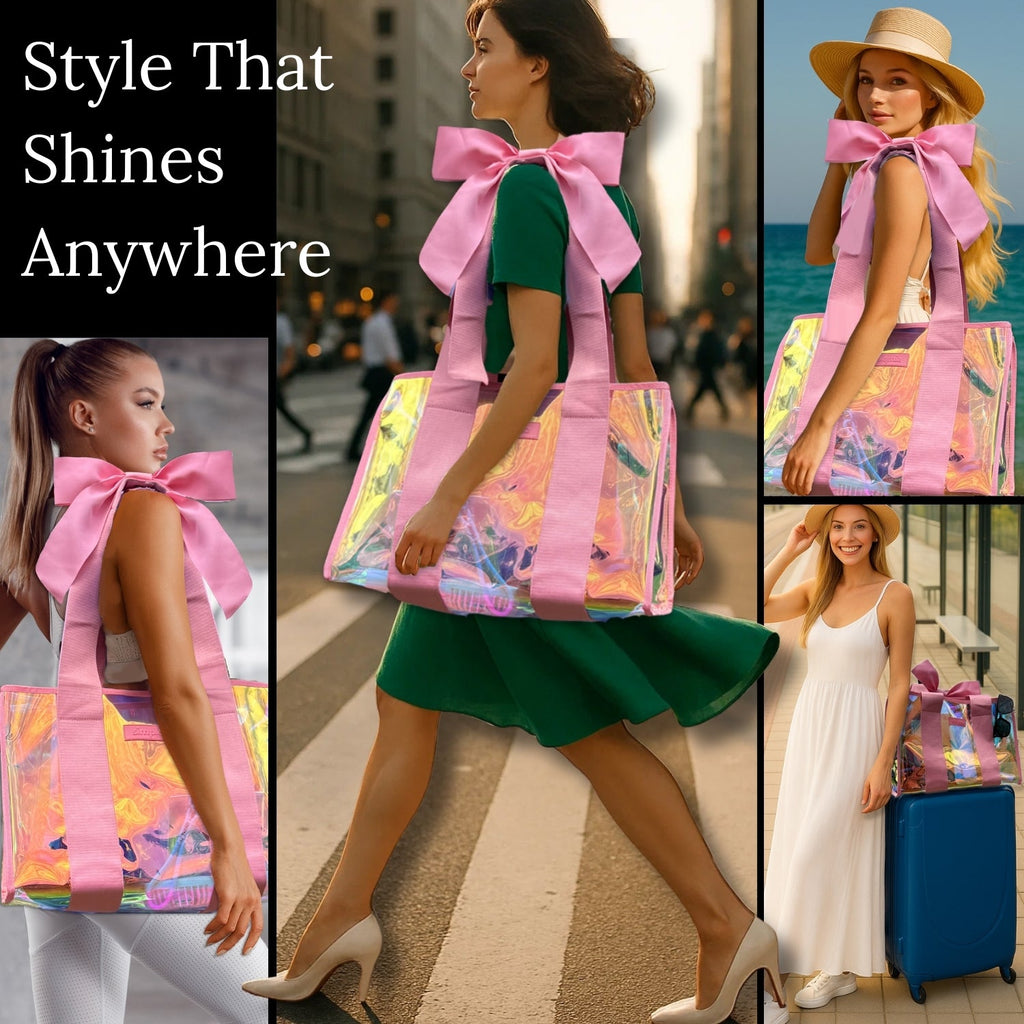 BowMe Prism Bubble Beach Tote with Phone Pouch – Waterproof, Tip-Proof & Foldable (Prism Pink & Purple)