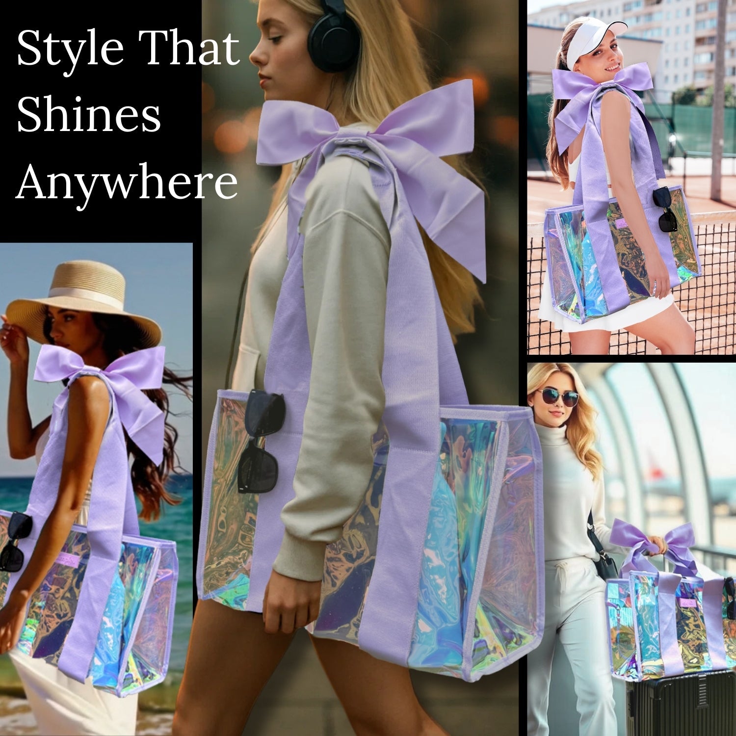 BowMe Prism Bubble Beach Tote with Phone Pouch – Waterproof, Tip-Proof & Foldable (Prism Pink & Purple)