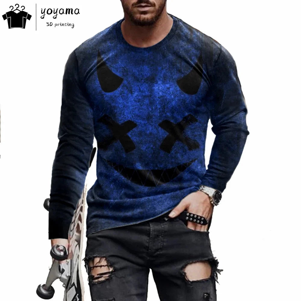 Men’s Casual Long Sleeve O-Neck T-shirt with Funny Pattern Print - Harajuku Street Fashion Top