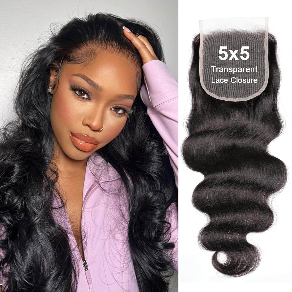 StariaHair 12-20 Inch 5"x5" Transparent Lace Closure Body Wave #1B