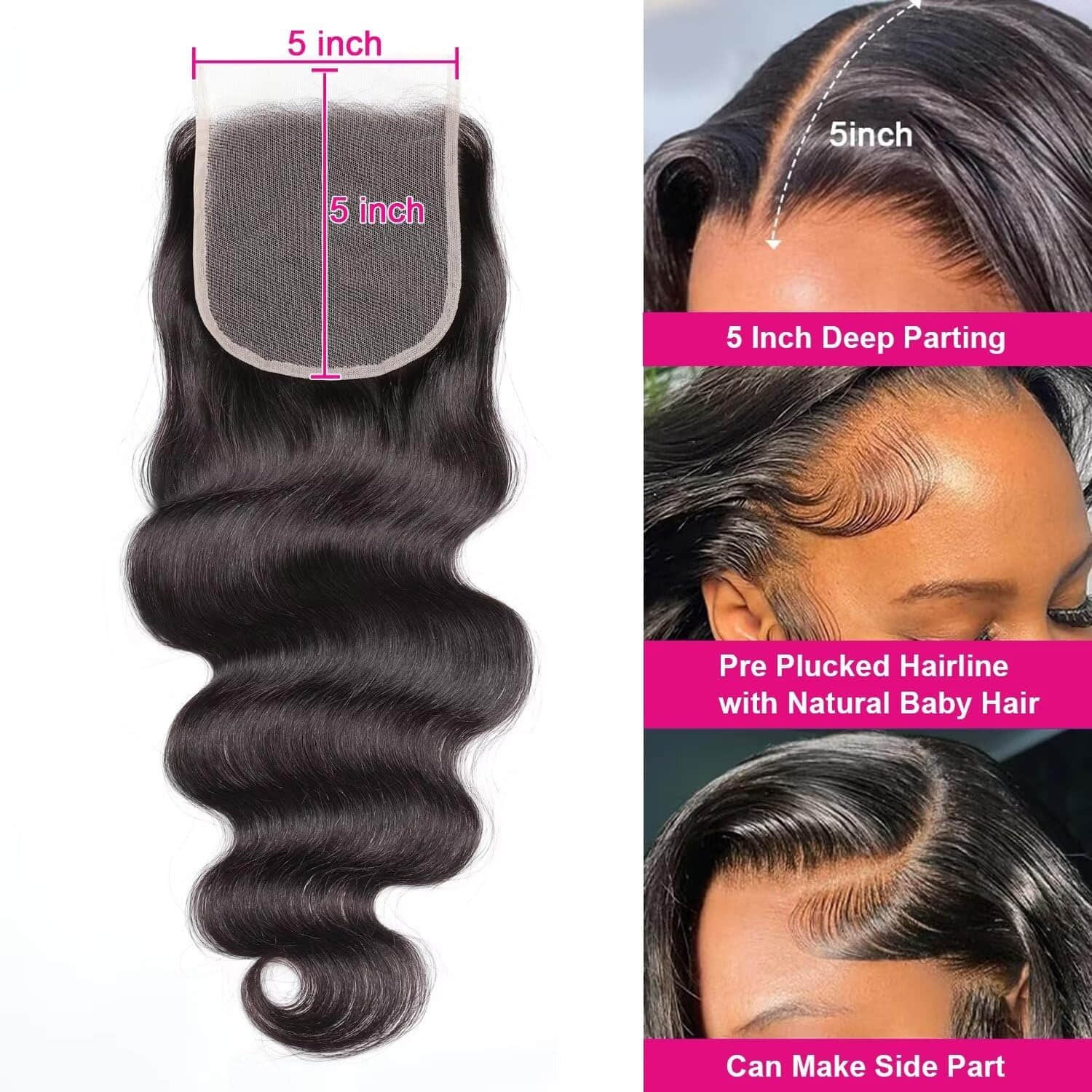 StariaHair 12-20 Inch 5"x5" Transparent Lace Closure Body Wave #1B