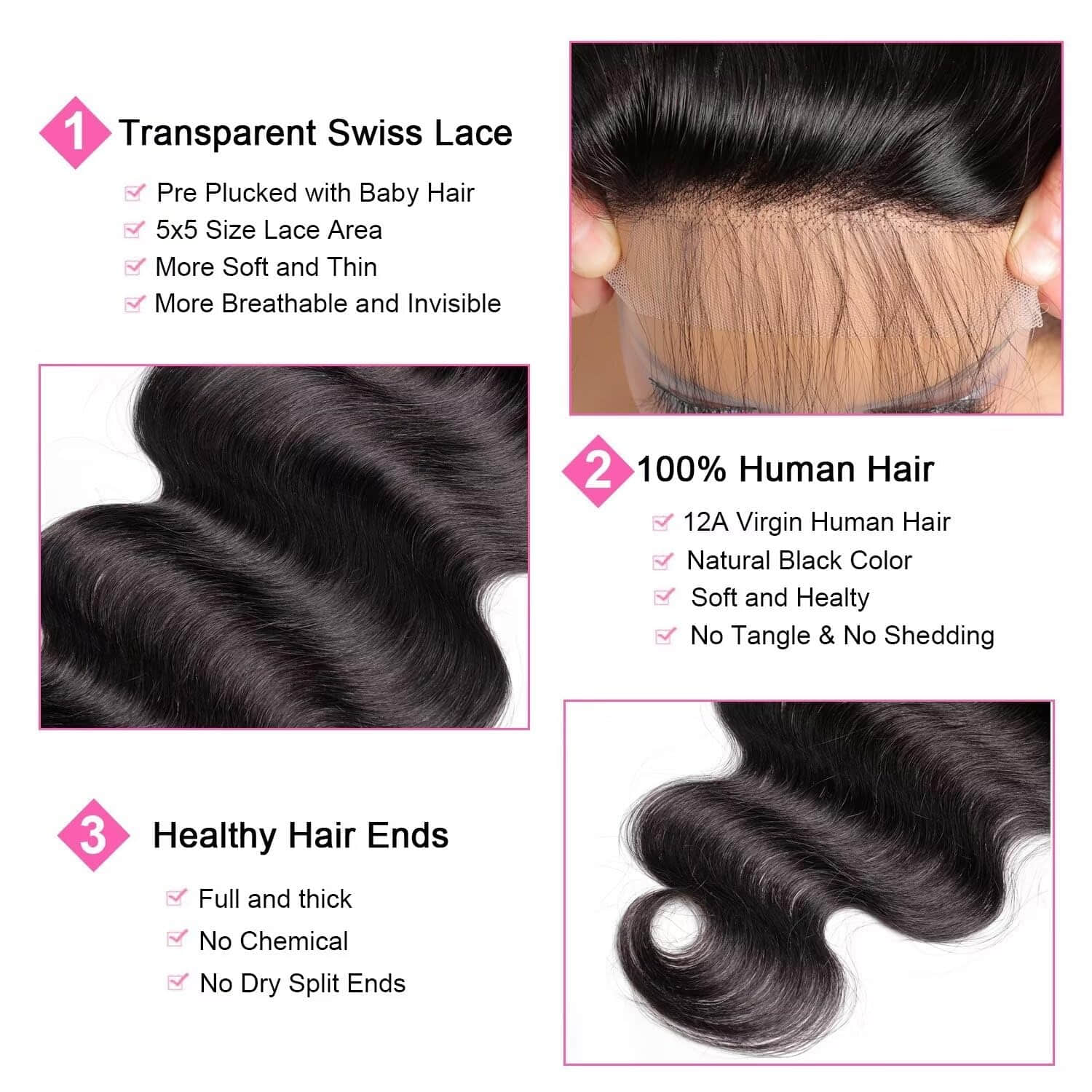 StariaHair 12-20 Inch 5"x5" Transparent Lace Closure Body Wave #1B